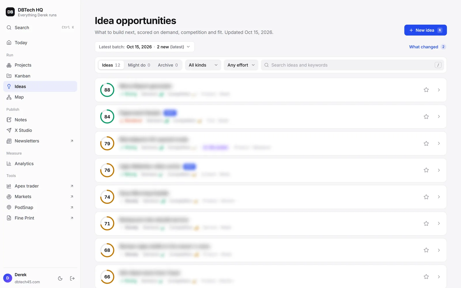 DBTech HQ Ideas screen, with private details blurred