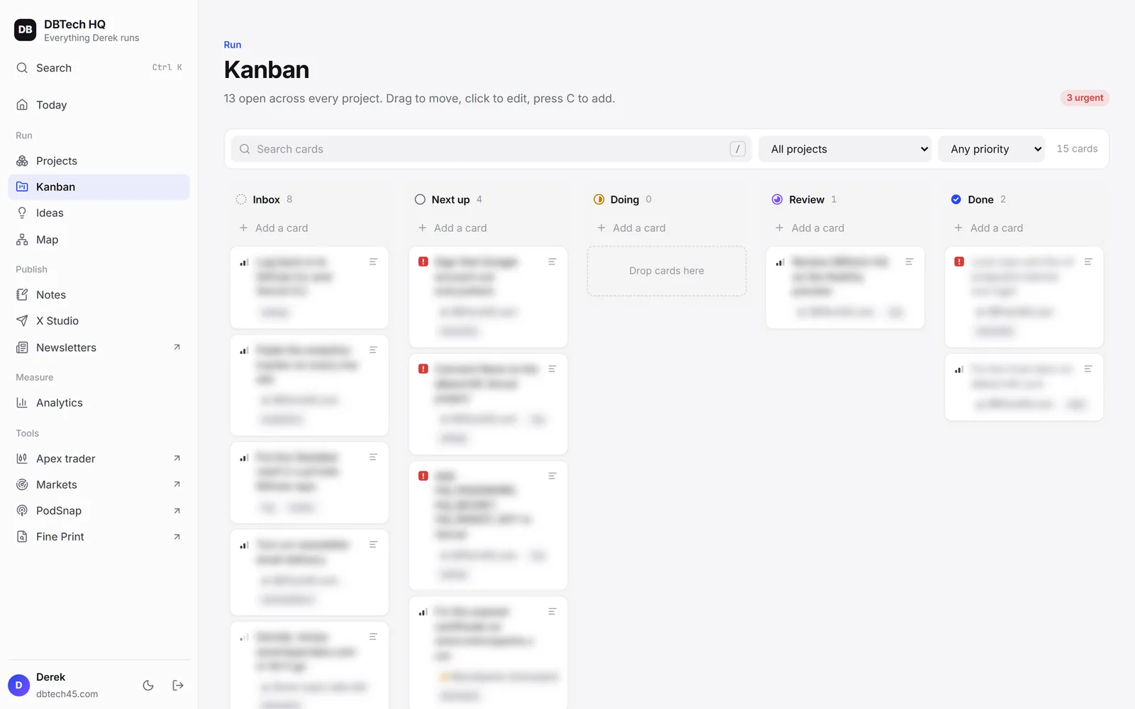 DBTech HQ Kanban screen, with private details blurred