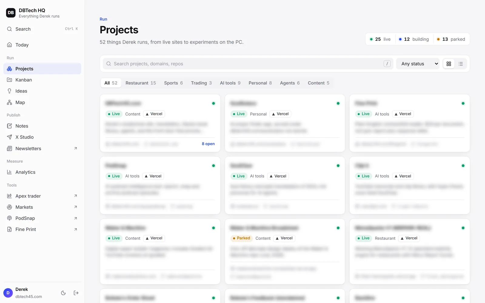 DBTech HQ Projects screen, with private details blurred