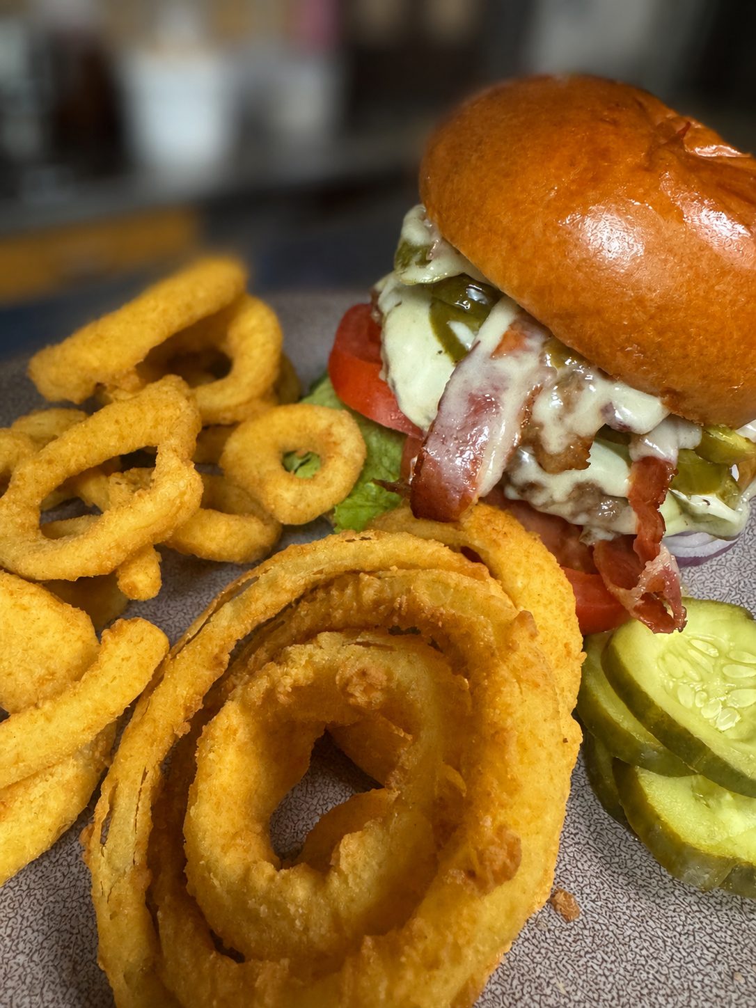 The Texas burger with onion rings